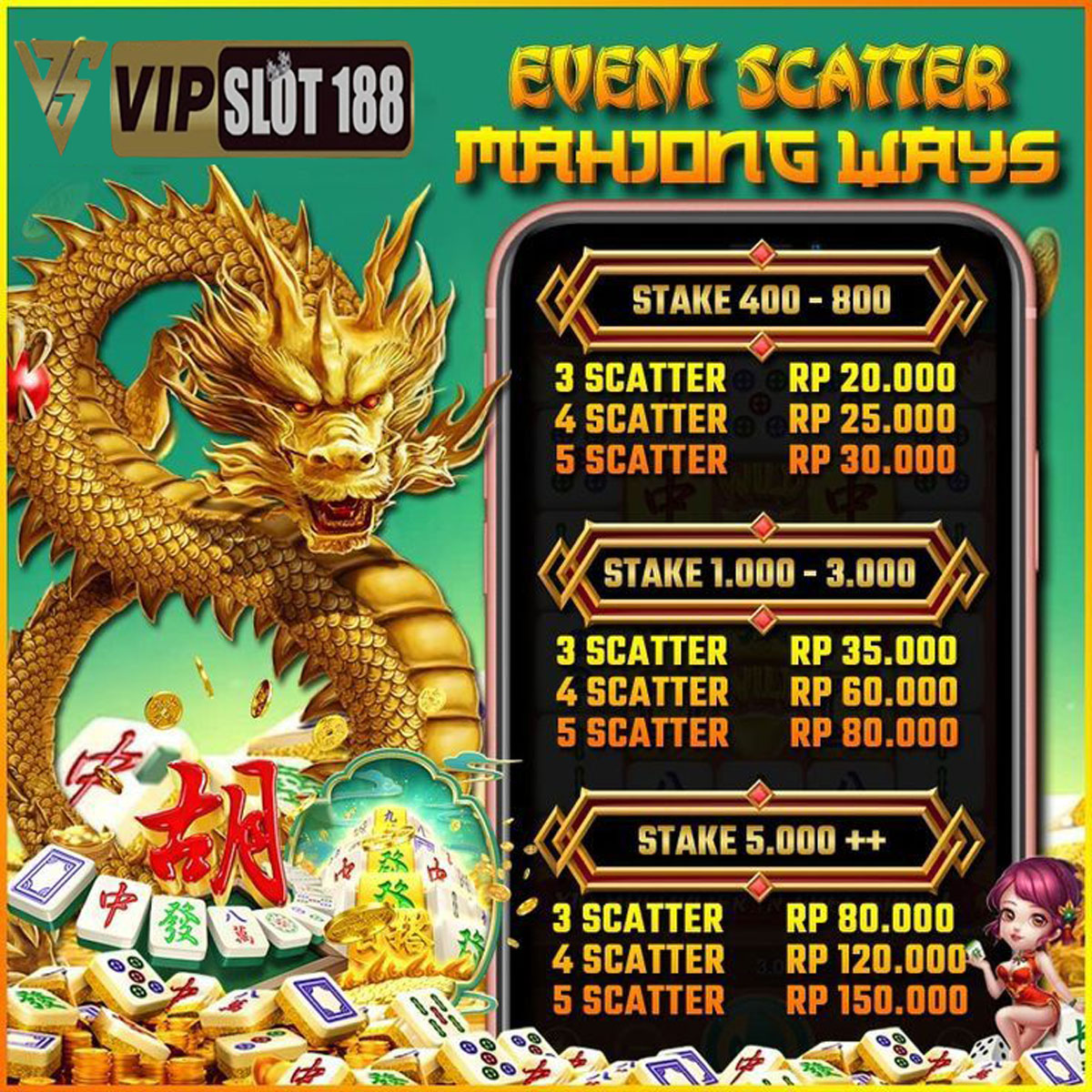 VIPSlot188 bonus scatter mahjong ways gratis saldo 150K !